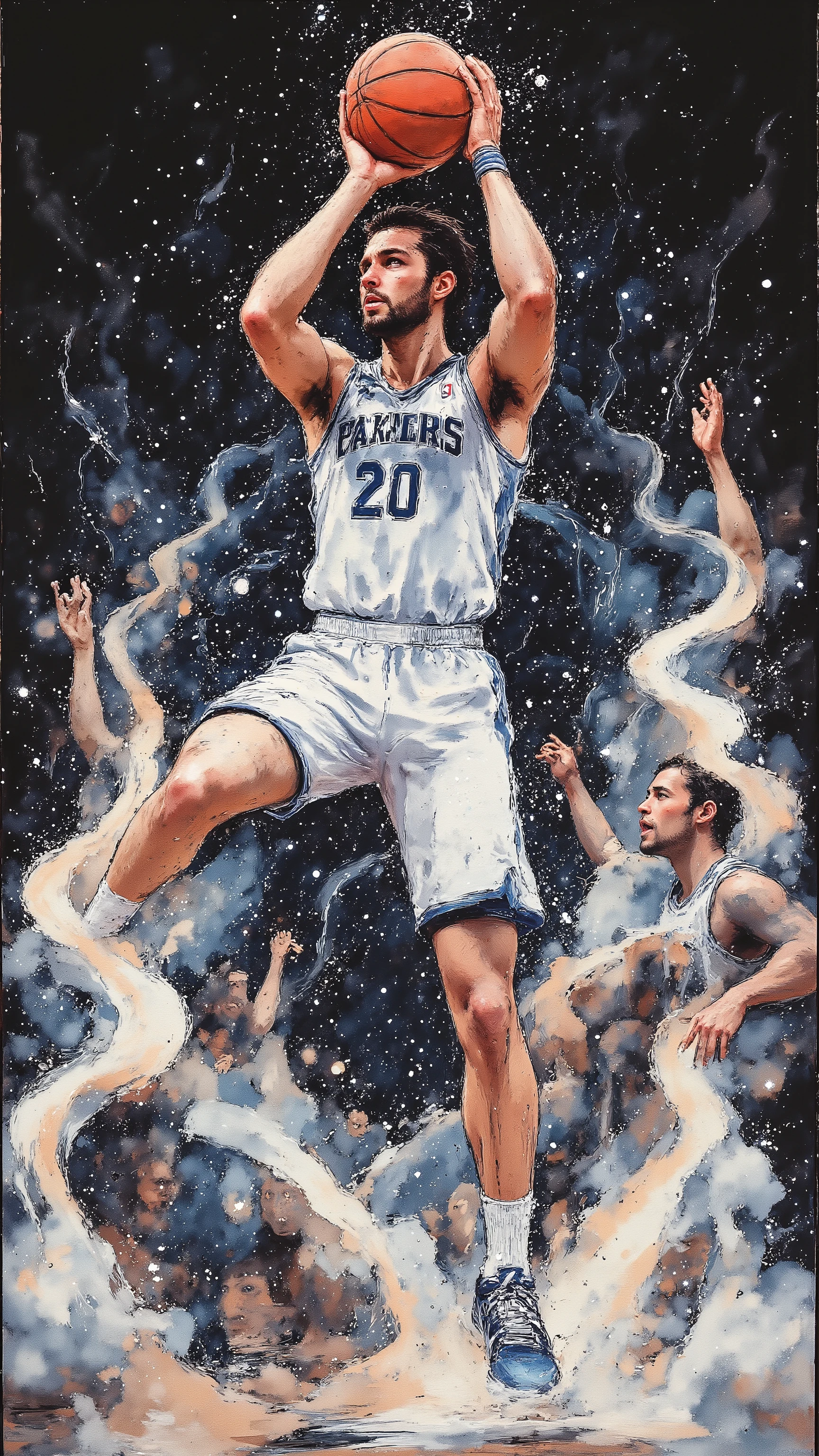 ((best quality))、(super high image quality)、(Super Detail)、(detailed description)、(Best CG ))、(masterpiece)、ArsMJStyle、(Zen ink wash painting)、slam dunk_Mitsui Hisashi、Mitsui Hisashi's 3P shot、(SPARK exciting three-point shot、angle from directly below)、when you give up the game ends there、realistic expression、age up 、 cowboy show 