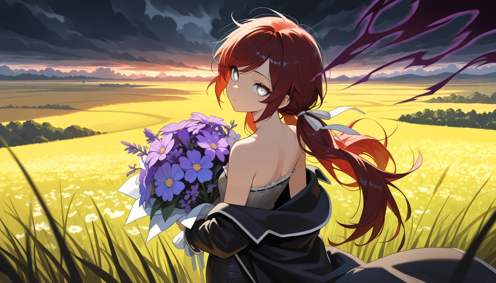 (masterpiece:1.2, Best Quality), (finely detailed beautiful eye: 1.2), (beautiful detailed face), (masterpiece:1.2, Best Quality), (finely detailed beautiful eye: 1.2), (beautiful detailed face),from above, from behind, looking out to sea, storm clouds, dark aura, dark energy, bristly hair, glowing eyes, dark aura, shadowy aura, upper body, thin girl, holding bouquet of purple flowers, expressionless, :l, Gray eyes, lifeless eyes, head tilt, dark red hair, swept bangs, low twin tails, white ribbons, strapless sleeveless shirt, gray shirt, shirt with white trim, frill trim, black coat worn over shoulders, black jeans, black nails, thin thighs, thin legs, field of colorful flowers , tall grass, atop cliff, close up, messy hair, stoic, shadowy aura, dusk, few stars,