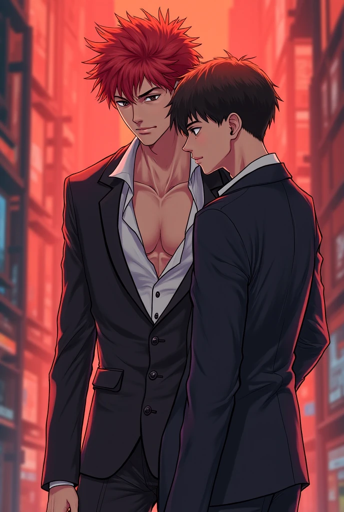 The Chinese anime villain is a gangster with a tattoo on his arm kissing the other male character in a dark corner of the street at night., Outside are modern high-rise buildings