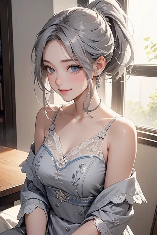 Best quality at best at best，tmasterpiece，Extremely Delicately Beautiful，The content is very detailed，CG，gatherings，8k wallpaper，An Astonishing，depth of fields，1 Chinese girl，very beautiful look，delicate skin，Flawless Face，plain face，white color hair，Long gray hair，high ponytails，There are two strands of white hair on both sides of the ears，Wear pink hair accessories，Eye color is sky blue，Elaborate Eyes，Wear bare breasted half-rimmed glasses, sparkle in eyes，grin face,  humongous large breast（Wear an open-chested white shirt）, Lie down，电影灯光, realistically, tmasterpiece, Best quality at best, Complex CG, The face is very detailed, High detail eyes