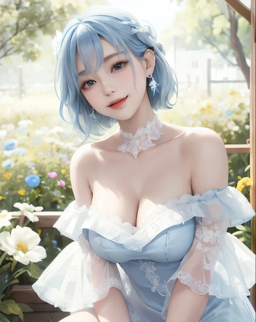 angel halo, white big wings, hydrangea, mansion garden, umbrella, smile, maid clothes, rain,masterpiece, best quality, HD, 8K, Ultra- high resolution, Extreme Detail, Super detailed, beautiful eyes, beautiful hair, Beautiful side, beautiful skin,big breasts, curvy, Tamaki, Cosme Eyes,dynamic angle