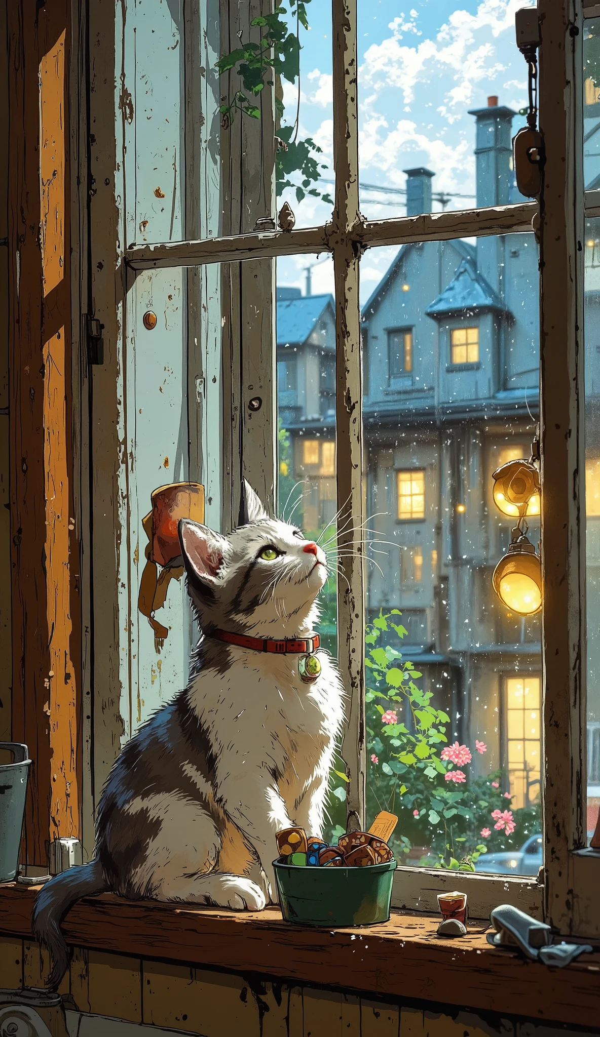 A chubby white and grey kitten sits on a cozy windowsill, playfully swatting at raindrops running down the glass. The perspective is from below, looking up at the kitten as it stretches its tiny paws toward the wet surface. Soft, warm indoor lighting contrasts with the cool, rainy cityscape outside. A small, colorful toy dangles nearby, adding to the playful scene.