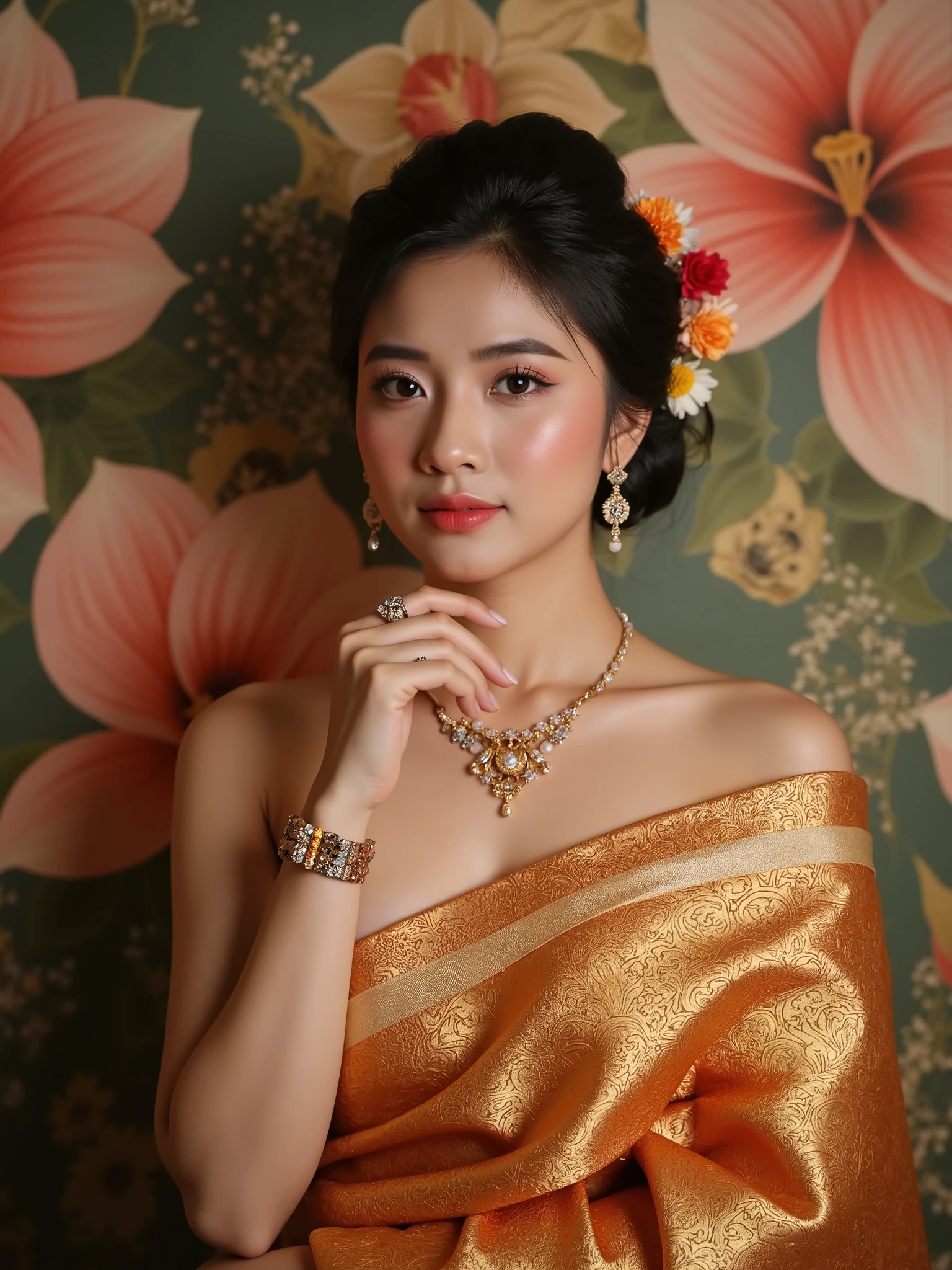 a beautiful Thai woman wearing traditional Thai costume, elegant jewelry, intricate silk patterns, standing gracefully against a detailed floral Thai mural background, soft golden lighting, studio editorial lighting, cinematic focus, cultural heritage concept --ar 3:4 --s 500