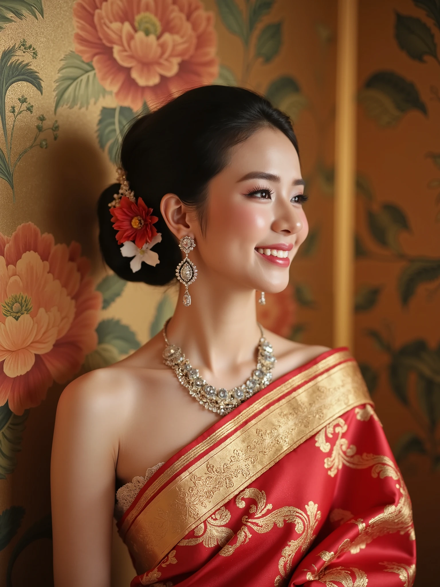 a beautiful Thai woman wearing traditional Thai costume, elegant jewelry, intricate silk patterns, standing gracefully against a detailed floral Thai mural background, soft golden lighting, studio editorial lighting, cinematic focus, cultural heritage concept --ar 3:4 --s 500