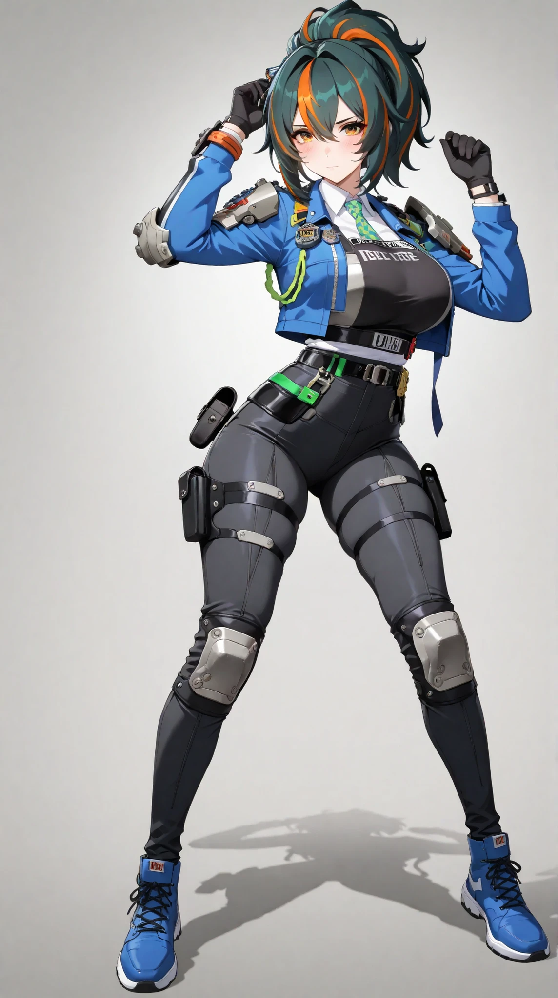 masterpiece, extremely detailed,perfect skin texture,4k,solo,1girl ,((fullbody)),zhu yuan,stand up,sexy pose,ponytail streaked hair,blush,police uniform, blue jacket, cropped jacket, long sleeves, black vest, two-tone vest, black gloves, green necktie, plaid necktie, black pants, high-waist pants, belt, thigh straps, knee pads, holster, tight pants, blue footwear,mature,sexy legs,perfect body,large breasts,high detailed, best quality, upper body, photography,cowboy shot,looking at viewers,white plain background