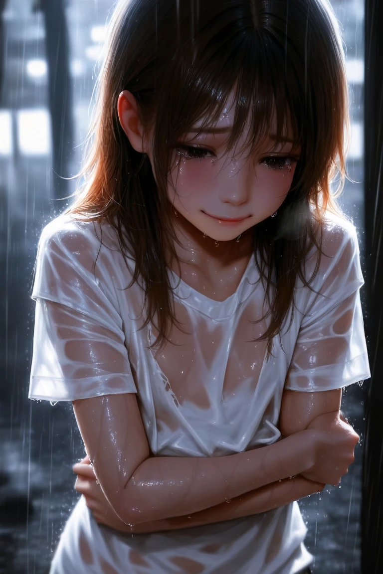 Young Japanese woman standing,  ((On City Street)),  ((Fully clothed)), ((Off-the-shoulder T-shirt dress)),((Barefoot)), blond with short hair, slim build, two tone color hair, mid afternoon, Gray light, Overcast, Detailed background, Dark, busy street, crowding street, Cinematic, pessimistic, Masterpiece,  Best quality, RAW photo, up-close, zoomed,  Photorealistic, ((view the viewer)), Hold yourself, Translucent, dripping wet, beautiful realistic photo, Surreal fantasy photos,  Close up, Tight Frame, 8K, Ultra detailed, Detailed skin, Blue eyes, Dark skin, ((Drenched)), ((Soaked)), (Dripping water), Saggy clothes, wet street, Wet all over, wet dripping hair, angle of view, (posed for photo) Portrait, Close-up, bottom angles, Mist, ((heavy rain)), ((Hazy rain)), Rain on the face, wet face, Shallow depth of field