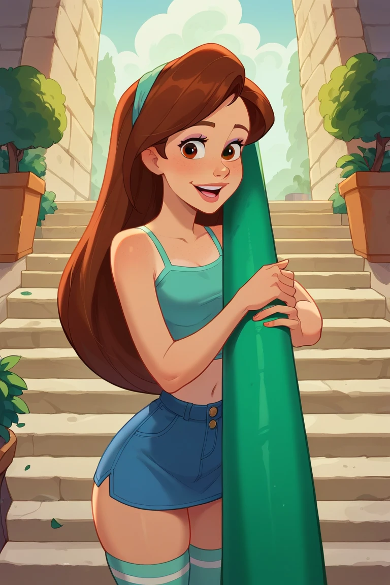 sexy, 1girl, skinny, medium breast, narrow waist, long brown hair, green eyes, big eyes, light pink lipstick, one shoulder tee orange shirt, blue shorts, white legs gaiters, black shoes, smile, open mouth, full body, backyard
