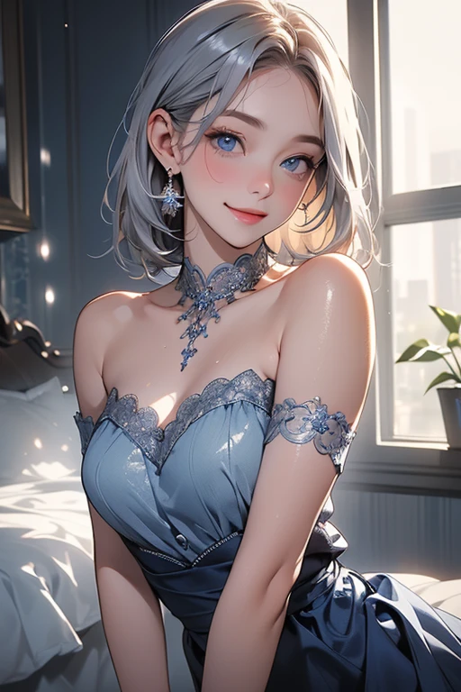 Best Quality,High resolution,8K,finelity detailed background,Masterpiece:1.2),beautiful girl,Glossy romance gray hair,half updo,Gray eyes,Gentle look,A refreshing look,Best quality,Best Quality,Aesthetic and aesthetic:1.2,Best details((Super detailed))(High-definition CG illustrations),Grey underwear (gray,intricate lace),Slender body,moon,Late Night,Bedroom,On the bed,smile,blush,cute,Scrounge,Looking up,Being spoiled,super model,wariza,shoot from below