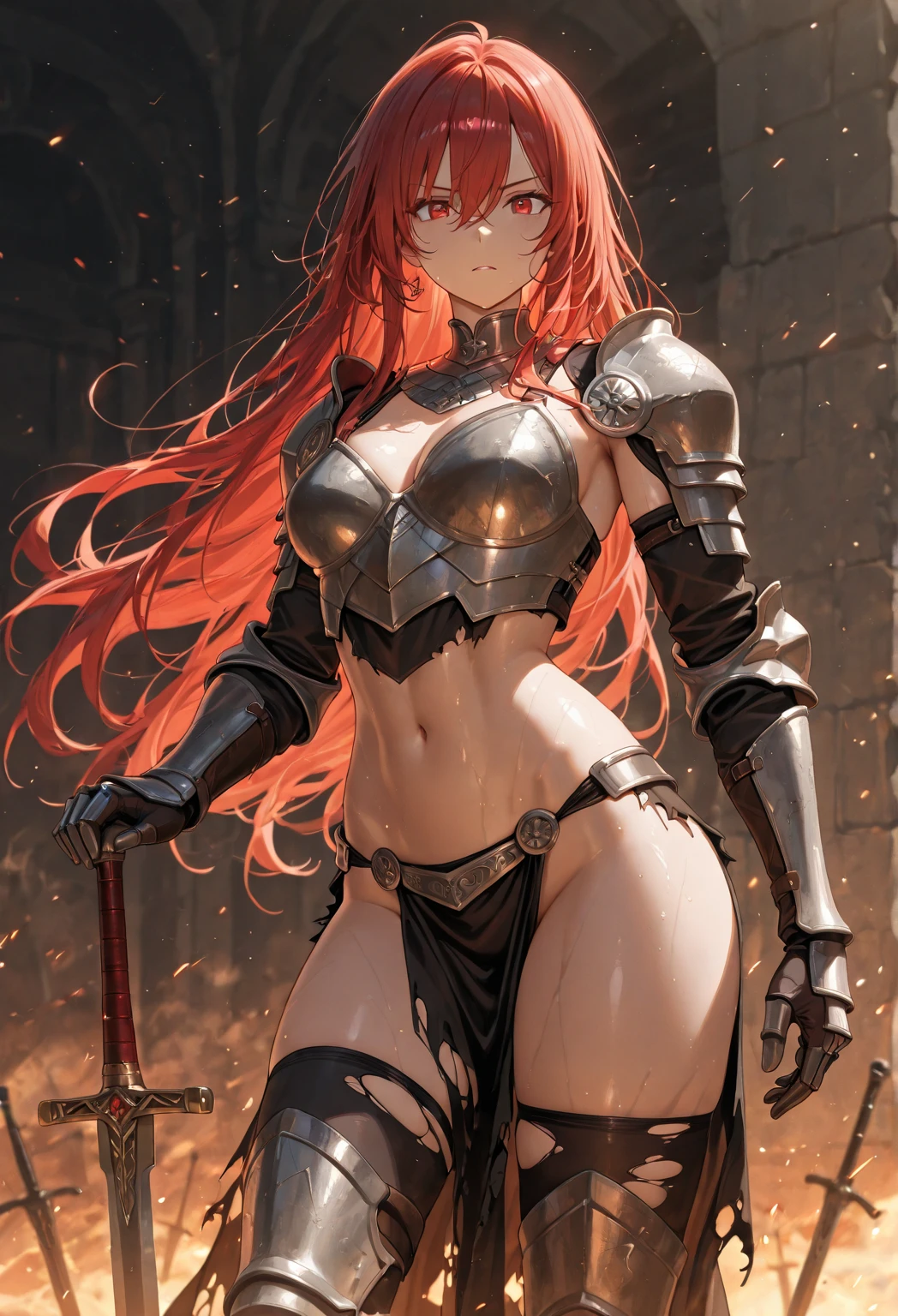 (masutepiece:1.5), the Extremely Detailed CG Unity 8K Wallpapers,(Realistic,Photorealsitic,hyper realisitic:1.5),(Curve,Model,glamor:1.5),Beautiful breasts,Farbe_aberration,beautiful detailed shadow,Beautiful eyes,Beautiful body,Beautiful skin,beautifull hands,(Red Western Armor:1.4),(Red hair,Long hair,red eyes:1.5)、(Holding a flaming sword in his hand,Holding a sword:1.4),(Large_breasts:1.5),Rin々Shishi Face,(A well-proportioned and perfect body:1.5),intricate detailes, from a_Below, shiny_skin, (Hair over one eye:1.2), side locks, (Hair fluttering in the wind:1.3), (Burning feathers:1.4),Anime girl with red hair and sword in front of the city, female redhead templar, cushart krenz key art feminine, redhead queen in heavy red armor, lady in red armor, Red armor, armor girl, chengwei pan on artstation, by Yang J, 2. 5 d cgi anime fantasy artwork, rossdraws sakimimichan