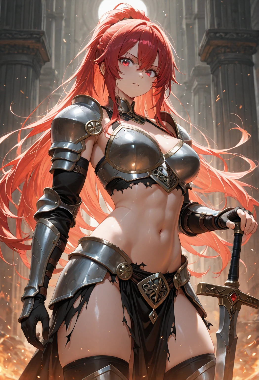 Guerreira, fantasia, armadura de placas, steel breastplate, Steel gauntlets, steel gloves, saia curta, saia vermelha, levantando a saia, calcinha branca, calcinha aparecendo, ruiva, realista, D&D, saia levantada, (cameltoe), upskirt, Steel gauntlets, steel boots, steel breastplate, melhor qualidade, tiro de cowboy, obra-prima, 8k, (exposed navel)