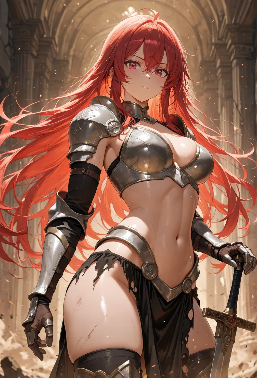 ((masterpiece,Highest quality:1.3)),cowboy shot,1woman,30 year old beauty,female knight,((very small head:1.2)),red hair,long hair,low ponytail,blunt bangs,red eyes,gorgeous eyes,Serious expression,medium breasts,((very long body:1.2)),((toned body,slender body,skinny)),gleaming skin,shiny skin,iron bikini armor、Iron Gauntlet、navel,Holding a sword、An accurate depiction of a knight's sword、prairie、The War of Many Knights、Medieval Europe、