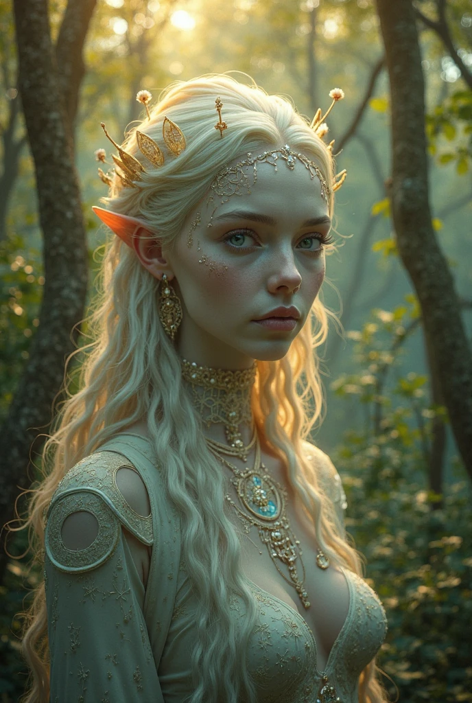 Sent by you:
"Create a delicate sculpture, a beautiful surreal artwork of a female character, with a mysterious and supernatural appearance. The character has pale marble skin, with blue lines and gold specks all over her body. She is kneeling in contemplation, with large twisted rainbow horns sprouting from her head. Her hair is wavy white, covering part of her elf-like ears. Her features are shown with long limbs and golden claws, giving a sense of both wonder and beauty. Golden orb elements float around her, adding to the atmosphere of mystery and elegance. The flowers, usually mostly green debris, are in this image enhanced with a super realistic intensity in 3D HD Ultra Movie 65k. Overall, this image should convey a sense of fascination and beauty mixed with a joyful fantasy..