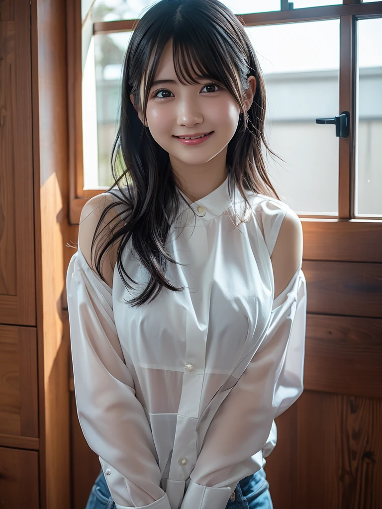 masutepiece, Best Quality, Illustration, Ultra-detailed, finely detail, hight resolution, 8K Wallpaper, Composition that includes the perfect whole body, Beautiful detailed eyes, ((all-fours:1.2)),((Wearing a drenched shirt:1.5))、 Random and cute hairstyles, rather large breasts,((no-bra)), Natural Color Lip, Random and cute poses,((A big smile that makes you squint)),((breastsout、under look eyes、Mole on the arm:0.9))、((short-cut))、((Frontal camera work:1.5))、((Shirt with a fairly wide open collar:1.1)),((all-fours)),((stick out buttocks))、(())、rather large breasts、((on the bed:1.2)),((No underwear))