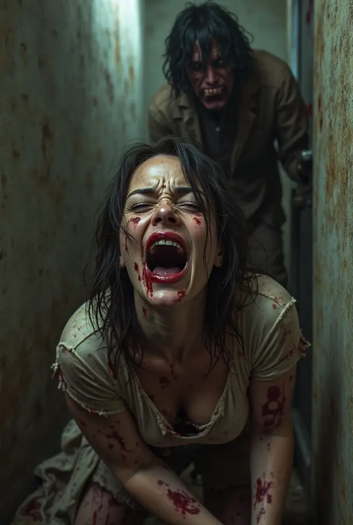 long legs, rests against the ceiling, wet walls. Night shooting, lots of blood, nightmare, monster, catacombs