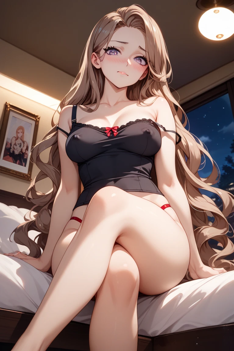 anime, highly detailed face, smooth eyes, highly detailed background, perfect lighting, full body, 1girl, solo, Asuna Yuuki, asuna, indoors, black heels, black thighhighs, light brown hair, bedroom, absurdres, high res, ultrasharp, 8K, masterpiece, looking at viewer (sexy pose:1.2), black thighhighs, brown eyes, very long hair, on a bed (full body:1.5), naked, nsfw, ecchi, horny, teasing, no bra, no underwear, naked, dripping pussy, moist vagina, wet , climax, oh_face, both hands holding breasts, hands under boobs, squeezing_breasts, breasts_squeeze