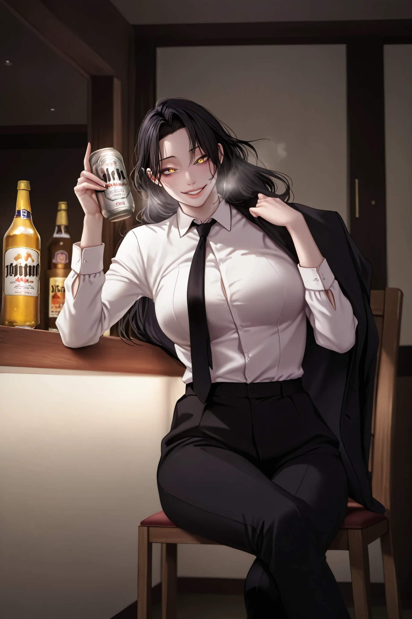 , shitano-neno-kawakanu-uchini, anime coloring, anime screencap, anime-style detailed background, vignetting, masterpiece, high quality, absurdres, best quality, very aesthetic, newest, dynamic composition, anatomical correct, HD, 4K, digital art, trending on ArtStation, ((anatomical correct)), perfect body, perfect eyes, perfect fingers, gasping, heavy breathing, gasping profusely, cinematic, ((skindentation)), ((curvy)), dominique de sade, long hair, black hair, curtained hair, ((medium breasts)), yellow eyes, ((black pupils)), plump, 1girl, necktie, solo, black_necktie, shirt, holding, sitting, pants, black_pants, looking_at_viewer, white_shirt, collared_shirt, alcohol, beer_can, jacket, jacket_removed, formal, breasts, can, suit, bottle, shirt_tucked_in, black_jacket, indoors, smile, long_sleeves, beer, chair,