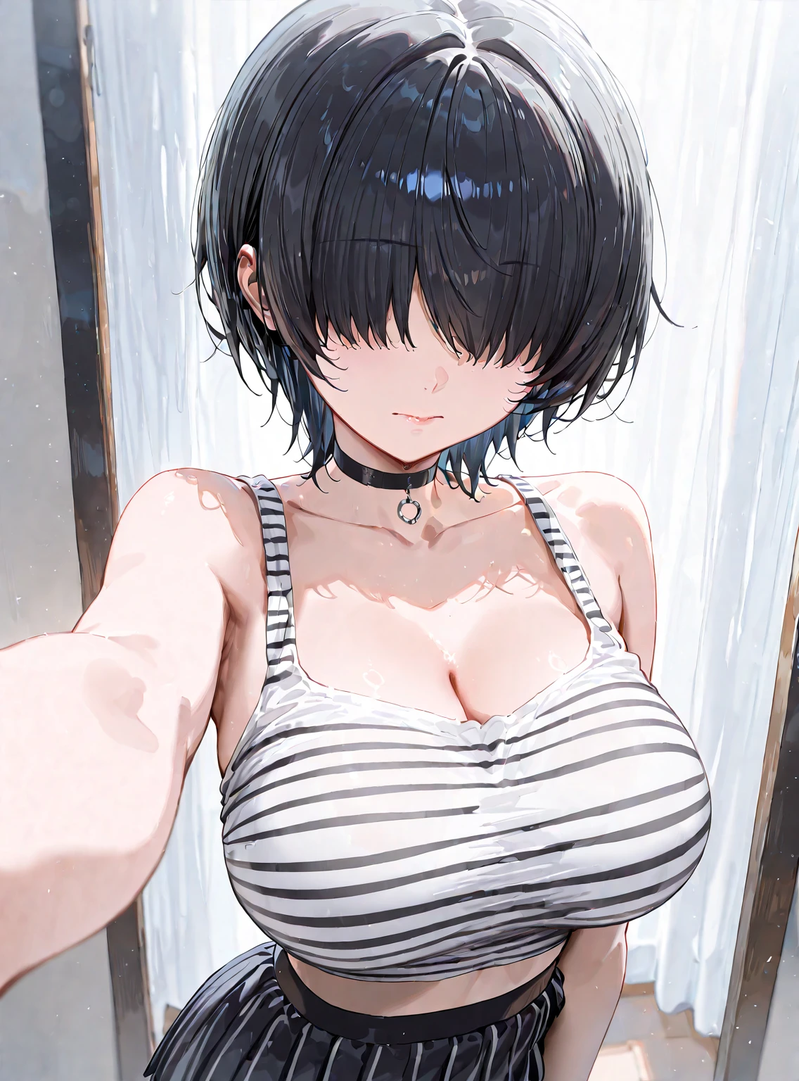 、(masterpiece、Highest quality)、Highest quality, Ultra-high resolution, (((masterpiece))), alone, Sweat、Big eyes, Composition from the front、Shortcuts、Embarrassed face、Bronze colored hair、Cut the back hair short、Bathroom、Shower scene、 Expose、Completely naked、pubic hair、belly button、Large areola、Nipples、short hair