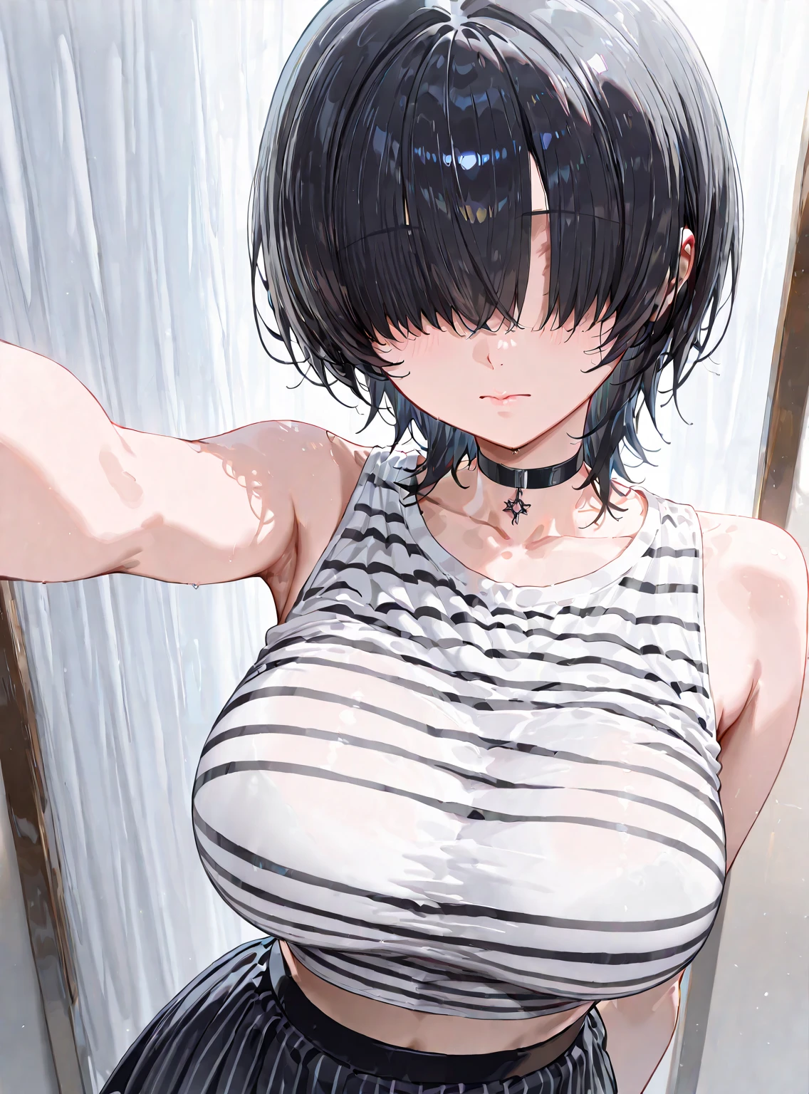 short girl, small breasts, 1 girl, shower, short black hair, yellow eyes, white swimsuit, suggestive pose, close up, wet, (ultra-detailed:1.1)
