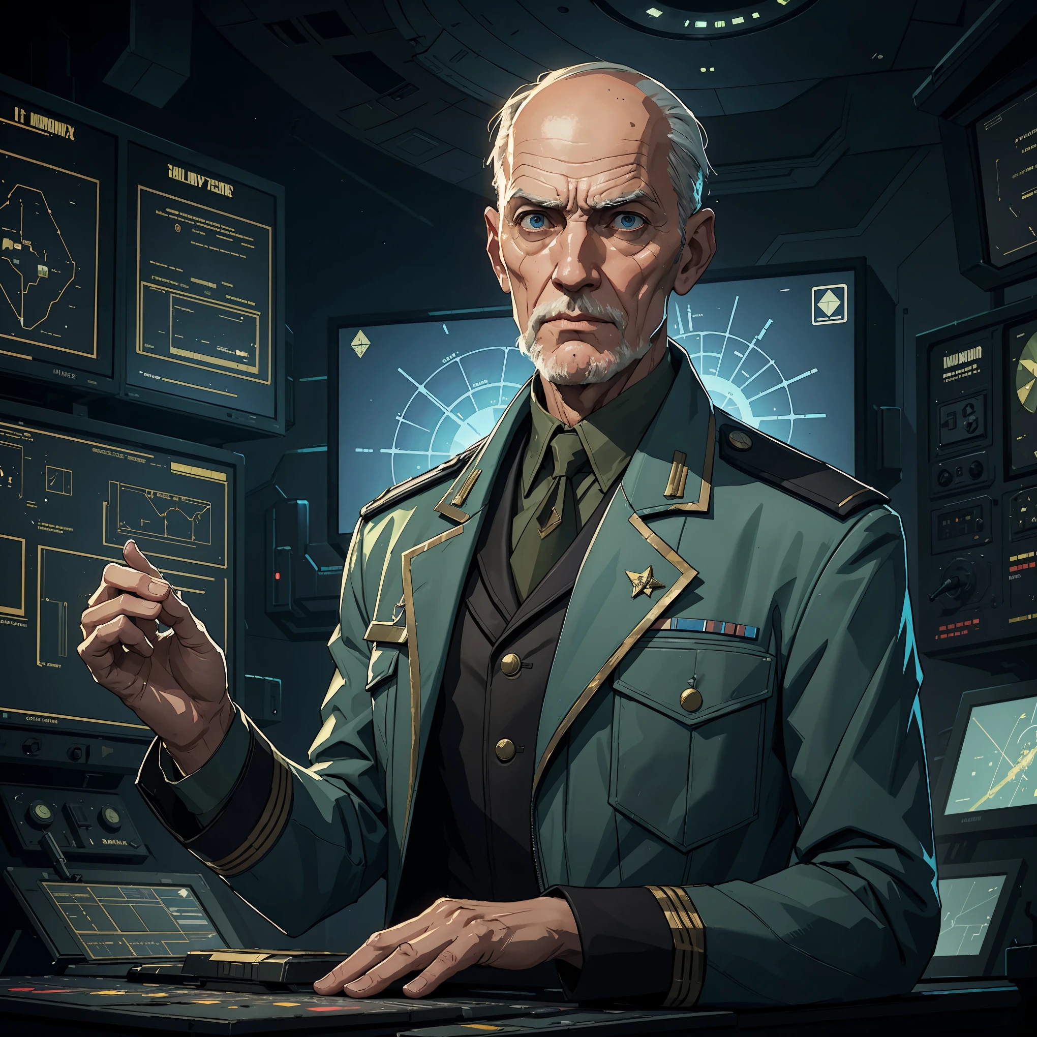 Older man, wrinkled, fine eyes, brown military uniform, looking at the audience, with hat, control room background, sad