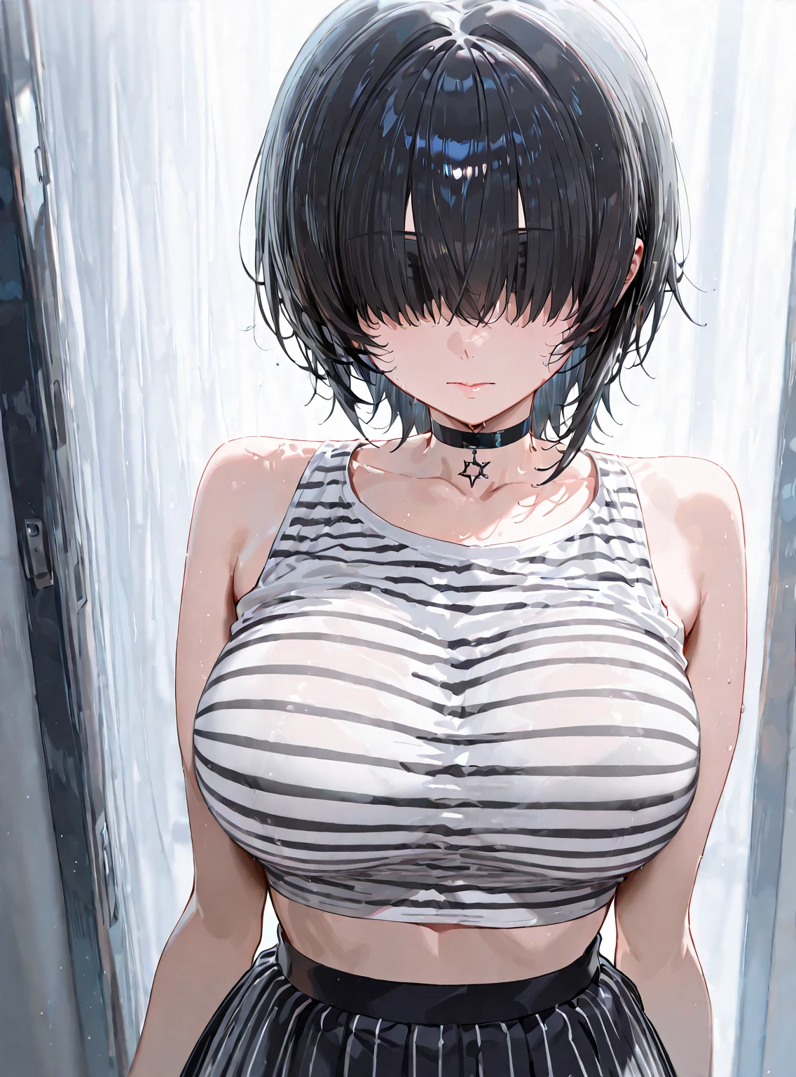 best quality, masterpiece, Black Hair, blue eyes, look up, Upper Body,Big Breasts,Exposing belly,Navel