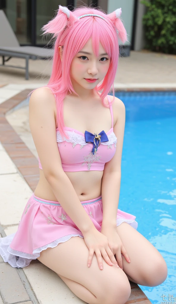 Light pink hair, Pink Eyes, Pink and white, Vibrant colors, Ray Tracing, Wavy long hair、Walking by the pool at a resort hotel、Entering the blue sky、white top bikini、One leg is visible through the pareo.,21 years old