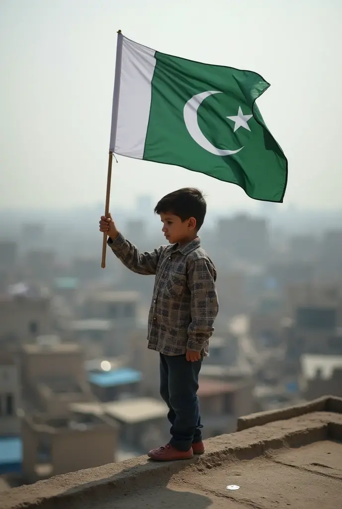 A -5 yrs wearing whie shalwar kameez with holding Pakistan flag on one hand in front of minar e Pakistan in lahore and smiling kid face should be asian face