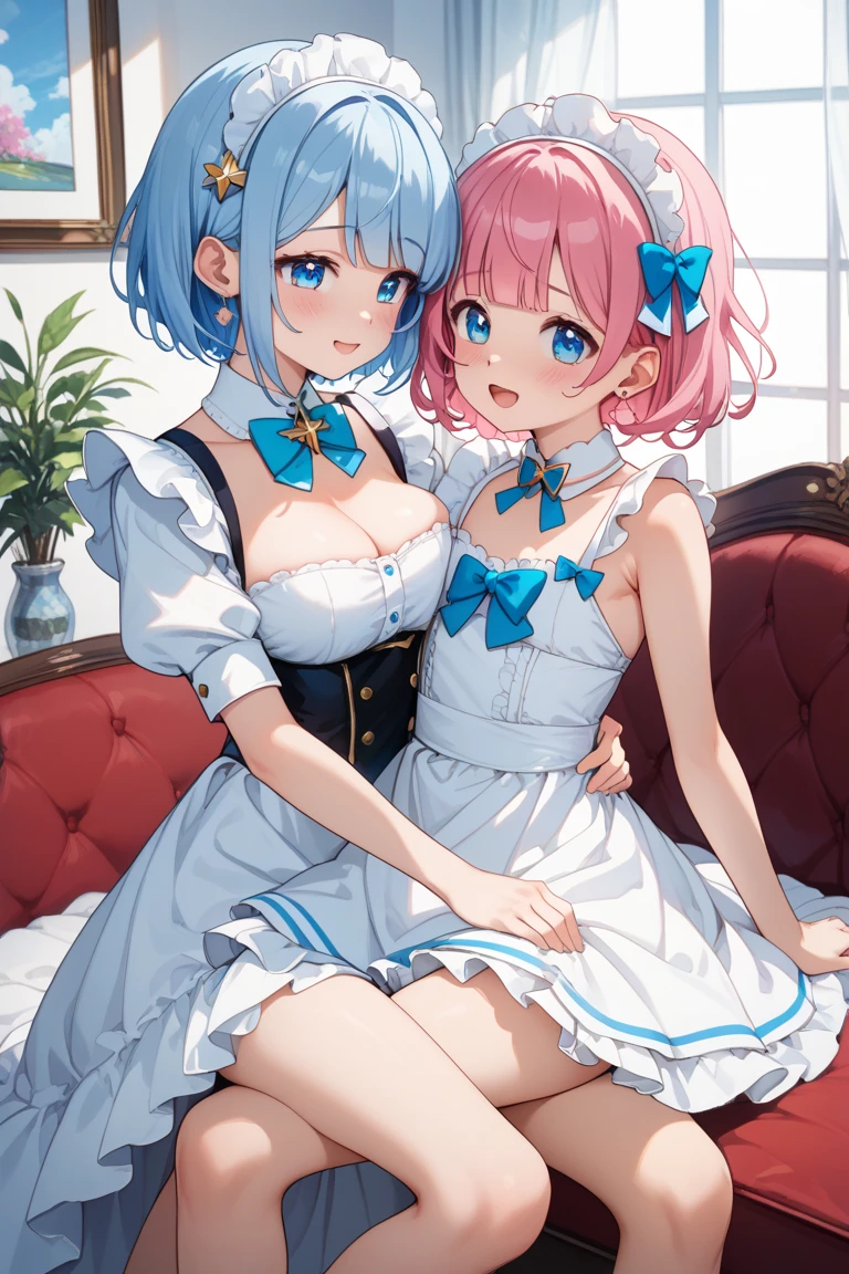 NSFW,Two Women,show off nipple,short light blue hair,Pink eyes,Light blue Lolita,Cat's ears,white sock,pink bows,Pastel pink room,Smile with open mouth,garter strap,cute little,Top image quality,Best Quality,masutepiece