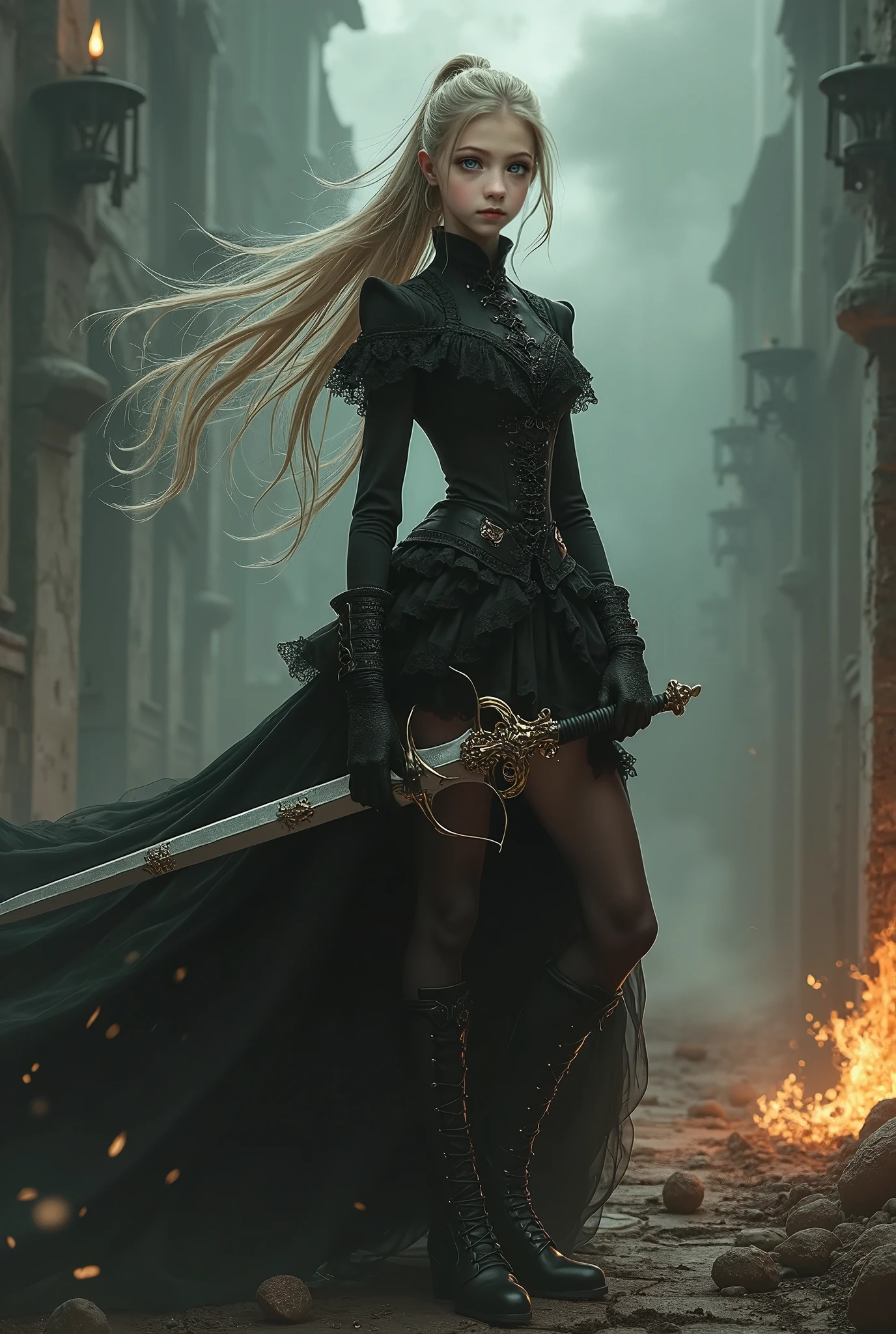 Blond woman in black dress holding sword in a dark alley - SeaArt AI