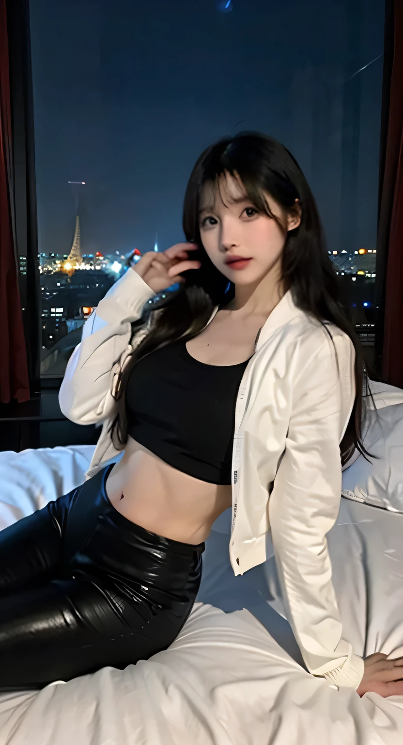 Skinniest girl ever,small round ass , black leggings, naked torso , cute sexy croptop, thin wool jacket, dark pink nipples , big glass window, night sky , big Paris city , laying on the bed , wide angle
