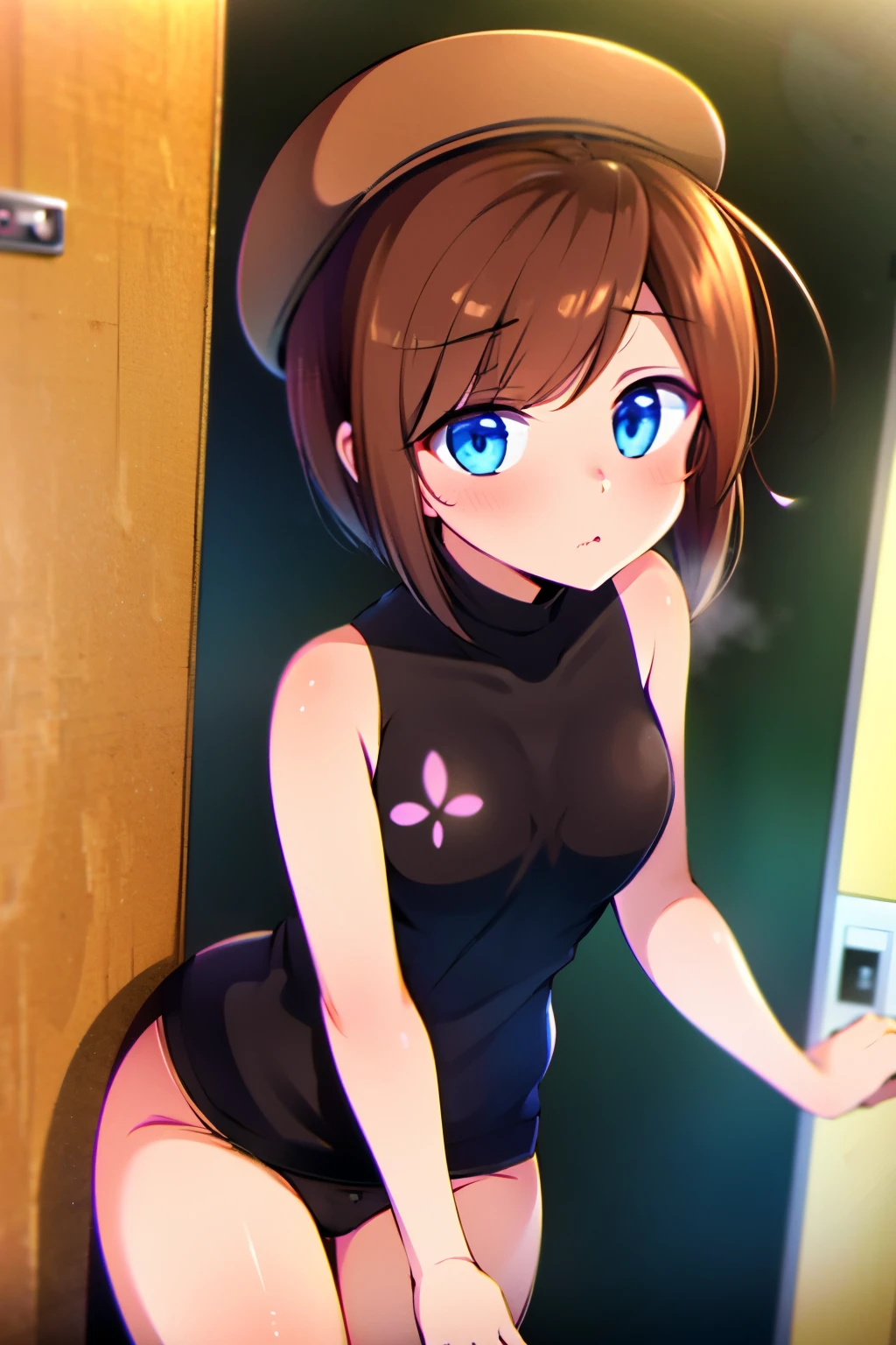 1 girl、 Complete human body 、masterpiece, best quality, high resolution, (1 girl, Peephole Door in Upper Body , open the door , Doorway、 little beautiful girl 、Helga Haruka, blue eyes, brown hair , short hair, Brown hat, black sweater, sleeveless turtleneck, plaid skirt、white panties,shy face),open door after orgasm,after eex