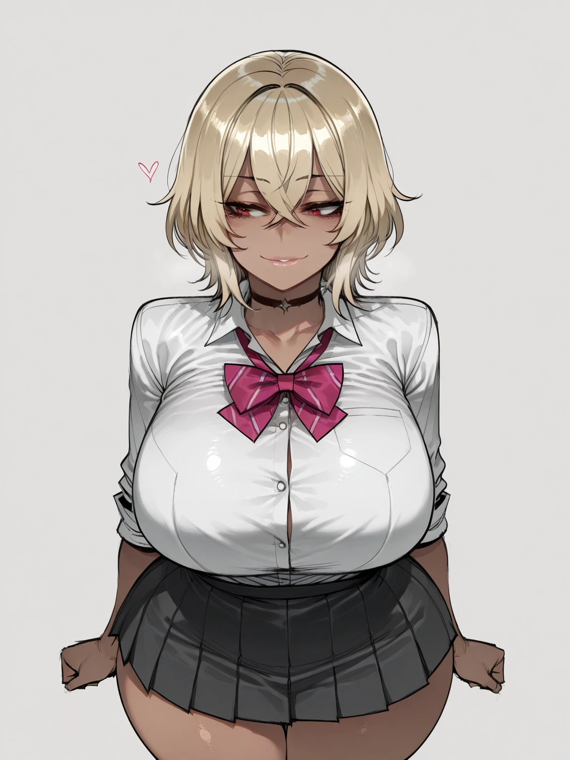 blush、The whole body is visible、Huge breasts、Grin、slim:1.5、One Girl,bend、Half-closed eyes、shigure_interface、White shirt、Blue tie ribbon、A shirt so stiff that the buttons are about to come off、grabs breasts