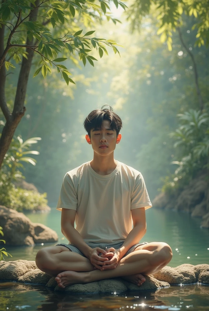 A male Japanese college student wearing a white shirt is meditating in a cave with his eyes closed and a calm expression,Excited, Photo of your face, In a cave where stones fly up from the ground, with a natural look, With a slightly tired look, tilt your face a little, Diagonal orientation, Average face