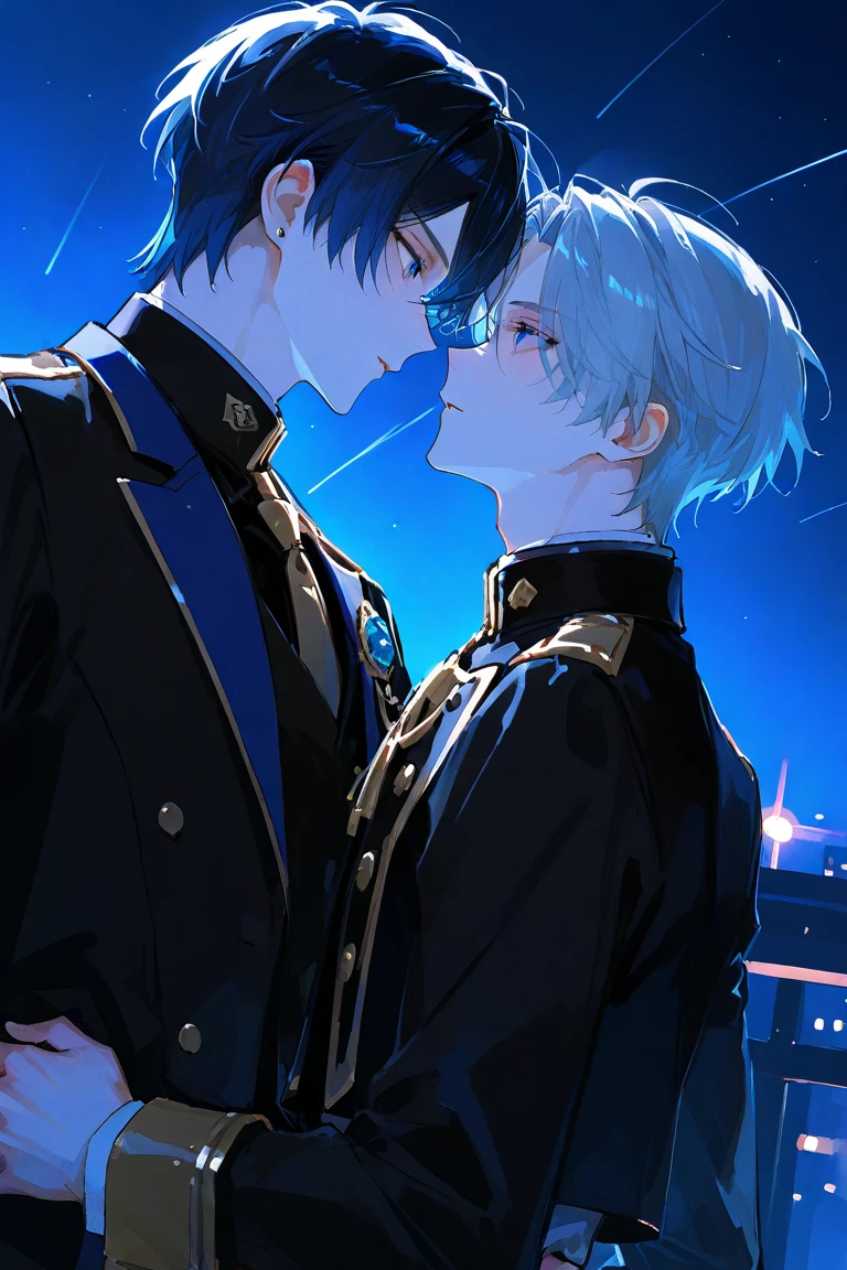 (Mastepiece), (Best Quality), Very detailed, ((Two men intimate:1.5)), Perfect Face, Beautiful Face, Very detailed顔,(Black Haired Man:1.3),(Man with white hair:1.3),uniform、shirt