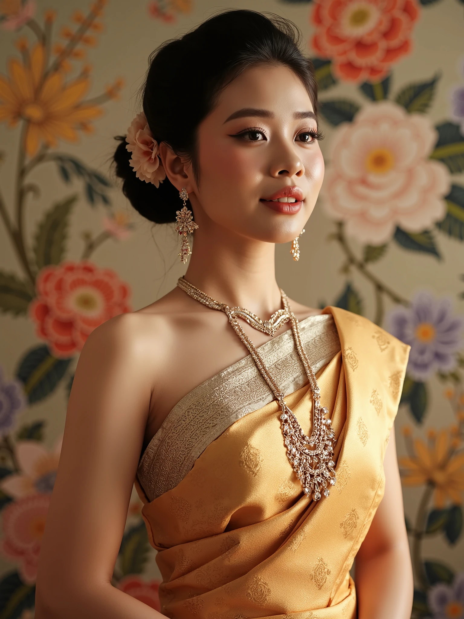 a beautiful Thai woman wearing traditional Thai costume, elegant jewelry, intricate silk patterns, standing gracefully against a detailed floral Thai mural background, soft golden lighting, studio editorial lighting, cinematic focus, cultural heritage concept --ar 3:4 --s 500