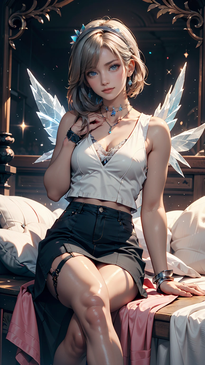 (8K, best quality, masterpiece:), Lucifer, A beautiful blonde female angel, naughty smile, Huge flame wings, , Fallen Angel, Flames in the background, detail, Dark purple tights, Indoor bedroom, 1:1 Ratio, Sitting on the bed,Lying in bed, detail, Practical,