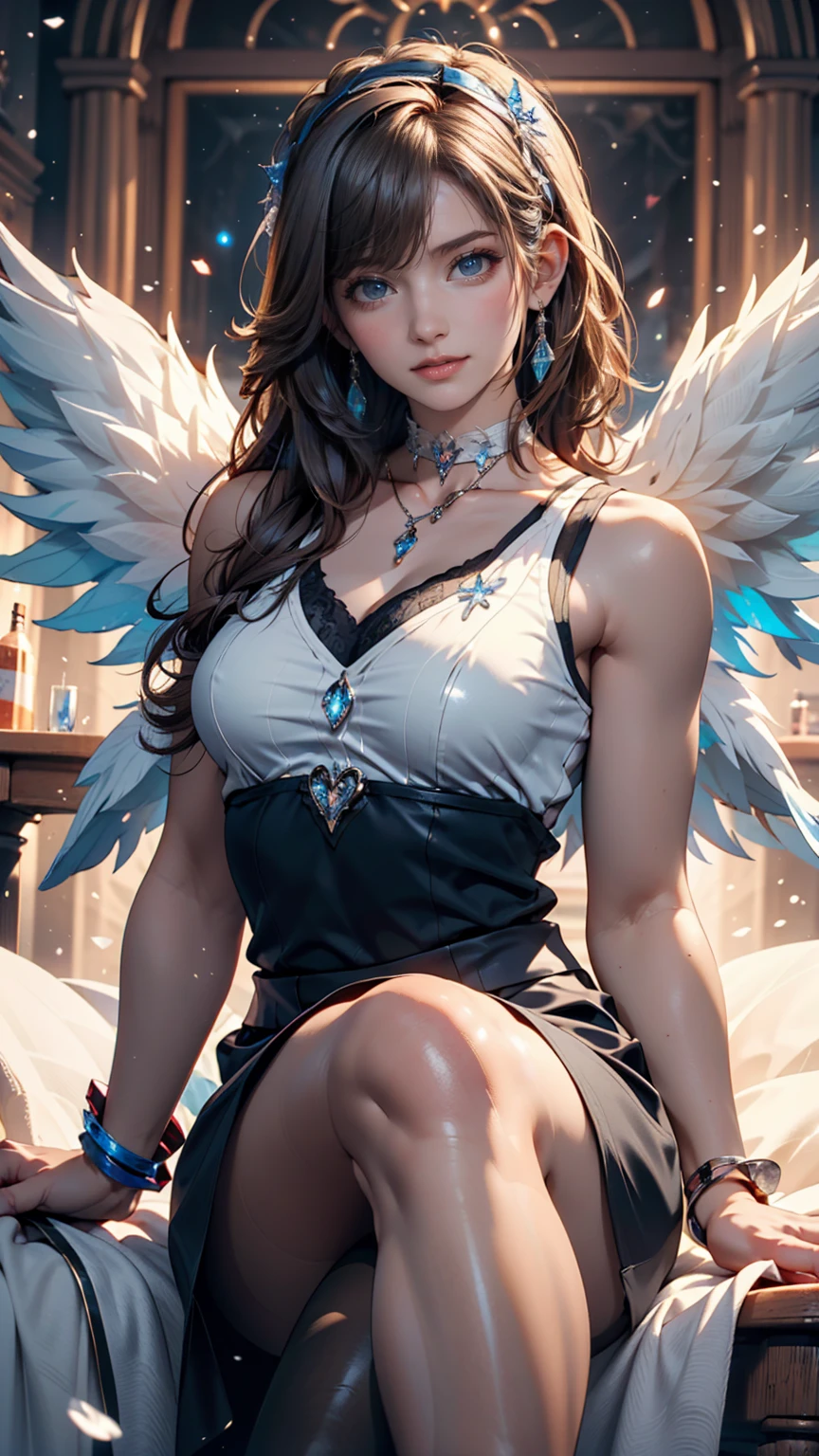 change, Leprechaun, Gray Hair: length, blue eyes, Small breasts, Best, garter, hair accessory, Captivating smile, sight, Tilt your head, Behind the arm, (slim), (Thin legs: Leg spread), Attention to detail, Highest quality, masterpiece, Detailed ice, Cumulonimbus, Beautiful details shine, ice crystal texture wings、Silver accessories on the wrist