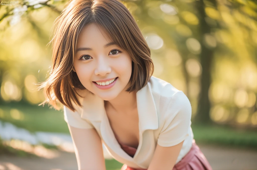 Innocent Japanese girl, loose casual fashion, natural hair styles, impressive big brown eyes, pure smile, refreshing in early summer morning sunlight, feeling soft breeze in hair, sitting in relaxed mood, professional portrait photography, sunlight, film photography, 35mm negative film, 85mm lens, very shallow depth of field, bokeh,