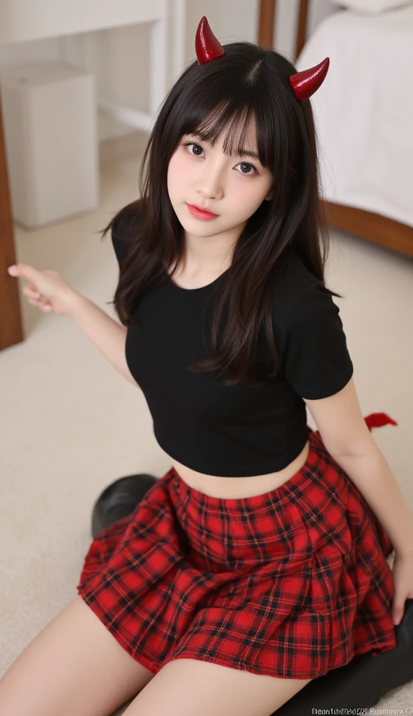 a beauty girl、photorealistic picture、Photo like image quality、Photorealistic face、Realistic body、detailed skin textures、A hyper-realistic、Top image quality、An ultra-high picture quality、see the beholder、8K、hight resolution、The whole body is shown、profetional lighting、Attractive thighs、Beautiful leg line beauty、Smooth knees、Bedrooms、Red tartan check mini skirt、Micro Mini Skirt、sit on a bed、Kneeling Pose