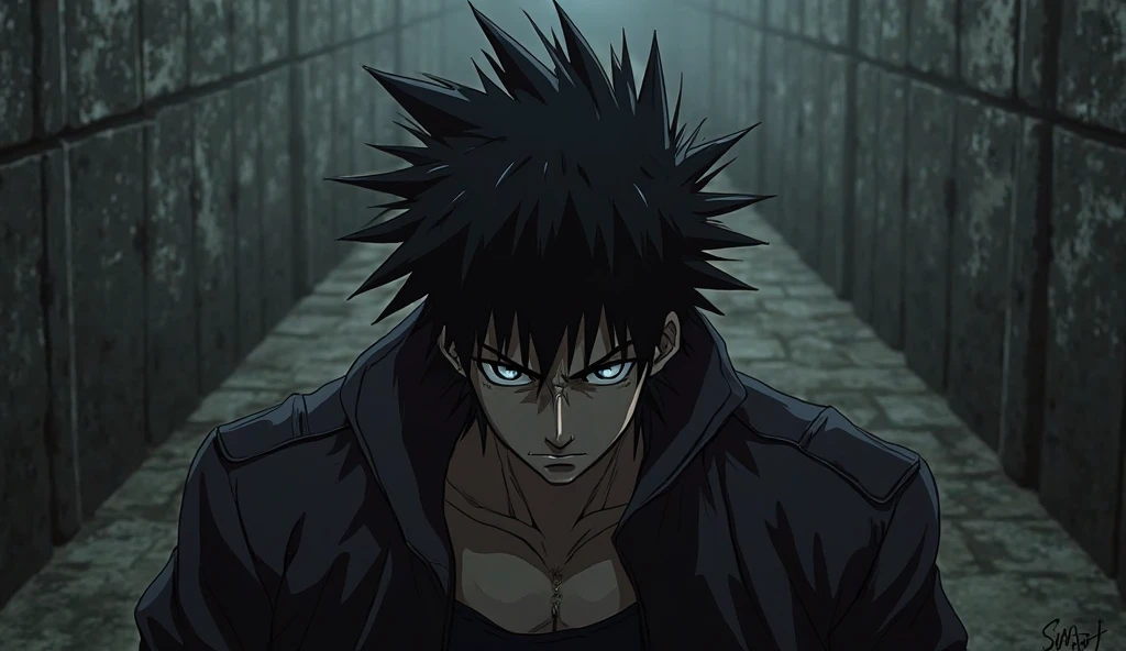 The hero from the anime Gojo Sotoru in the background there are corpses hanging and there is a little bit of blood and the hero is very angry