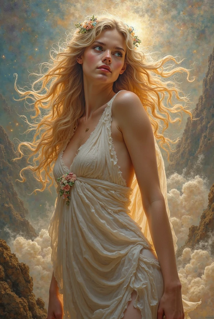 Oil painting in impresion, Give me a creative work of art, full-length figure of Aphrodite, emerging from a shiny shell, wearing a white tunic, belt with a gold buckle, a blue circle like a moon behind her golden hair, radiant gaze