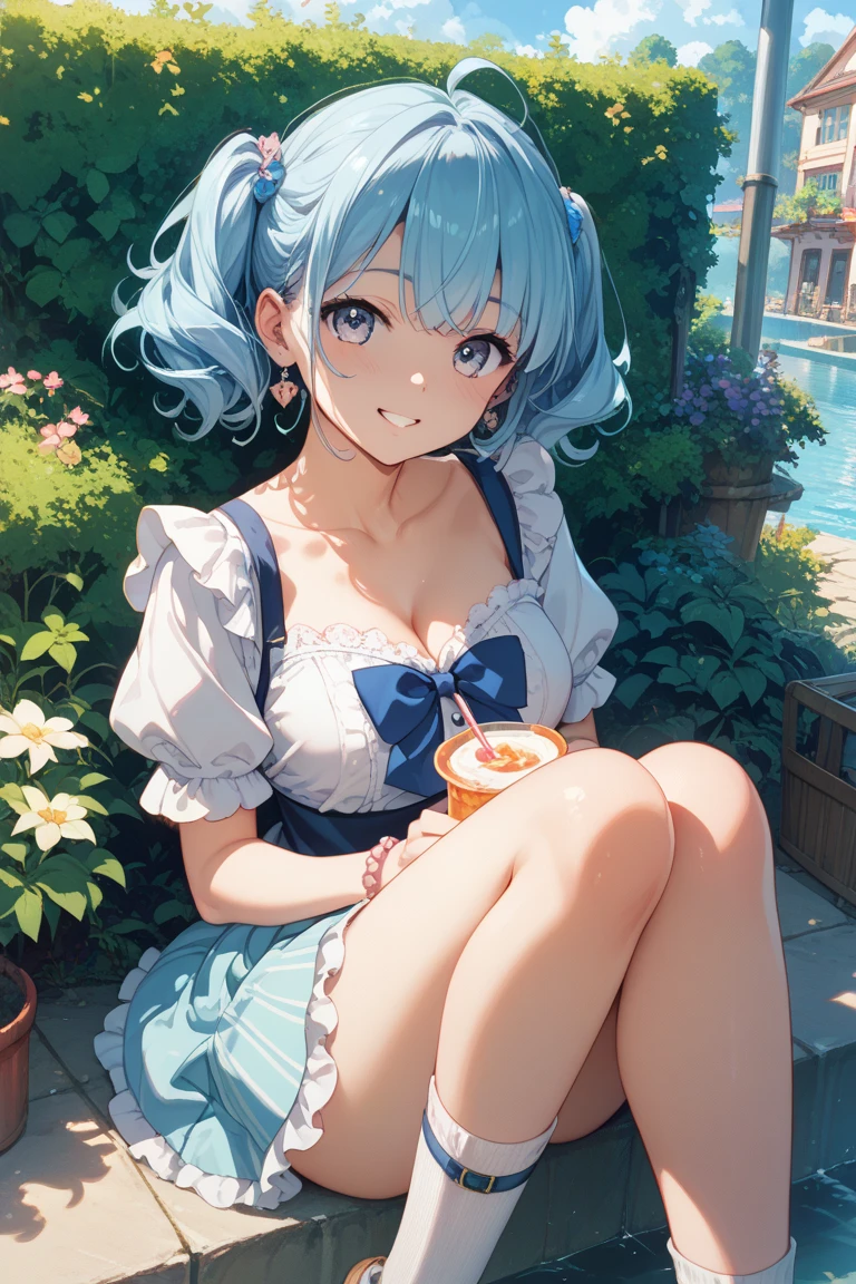 最high quality、Best image quality、masterpiece、With a girl((cute、、Best Bust、Medium Bust、Bust 85,Beautiful Blue Eyes、Spread your chest wide,Black Hair、Slender、The best valley、、Blue sleeveless shirt、White shorts,Show the whole body、Blue Mesh,Leaning forward greatly、Blue hat、Blue flower hair ornament,Face Paint,smile))high quality、Beautiful art、background((summertime、White table、White chair、shaved ice、)),Tabletop、Exquisite design、Visual Arts、Depth of written boundary、Best lighting、Highest detail、8k