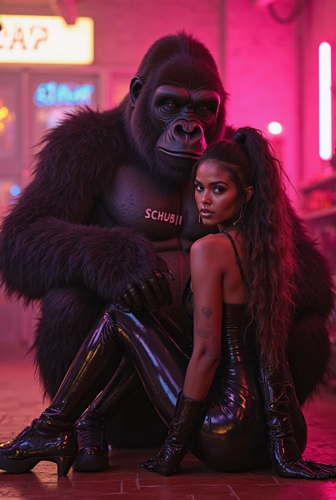 chimp and bull dog next to each other with gold chains on