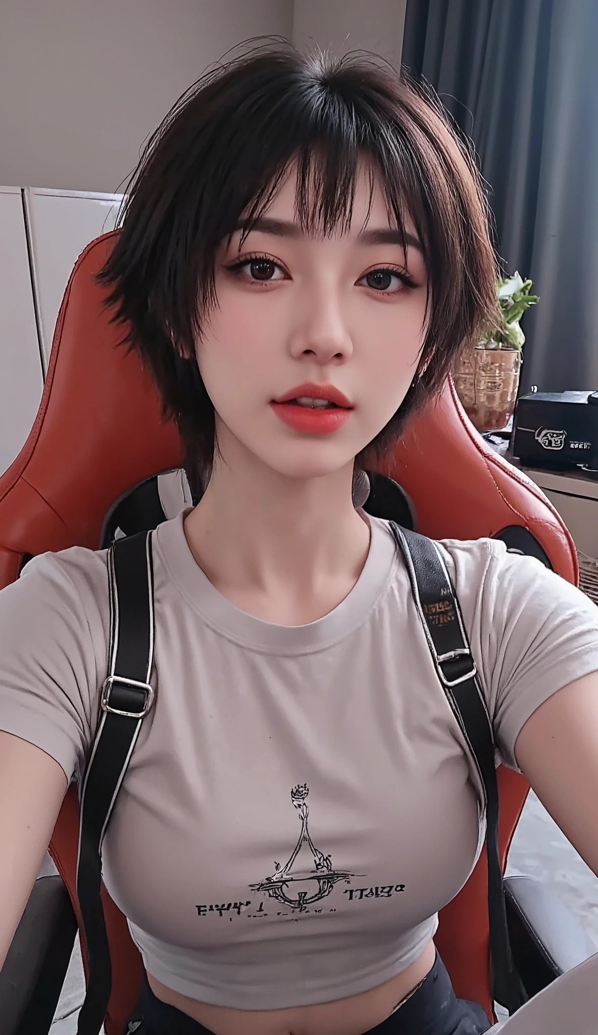 selfie angle, sitting in a gamer chair, perfect Chinese, athletic and slim body, short hair with a modern cut, wearing leggings and a light T-shirt, makeup with strong blush: 1.5, perfect long, strong and thick winged eyeliner, tongue out, beautiful eye detail, upper body composition, perfect full red lips, lively face, lush look, perfection, skin detail, refined eyeliner, perfect composition, nsfw: 1.3, tongue out: 1.3 beautiful and perfect eyes