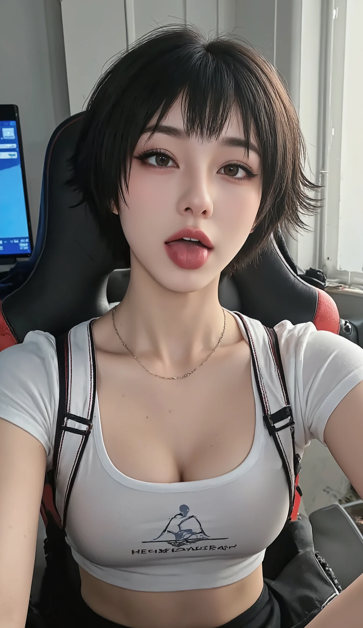 selfie angle, sitting in a gamer chair, perfect Chinese, athletic and slim body, short hair with a modern cut, wearing leggings and a light T-shirt, makeup with strong blush: 1.5, perfect long, strong and thick winged eyeliner, tongue out, beautiful eye detail, upper body composition, perfect full red lips, lively face, lush look, perfection, skin detail, refined eyeliner, perfect composition, nsfw: 1.3, tongue out: 1.3 beautiful and perfect eyes