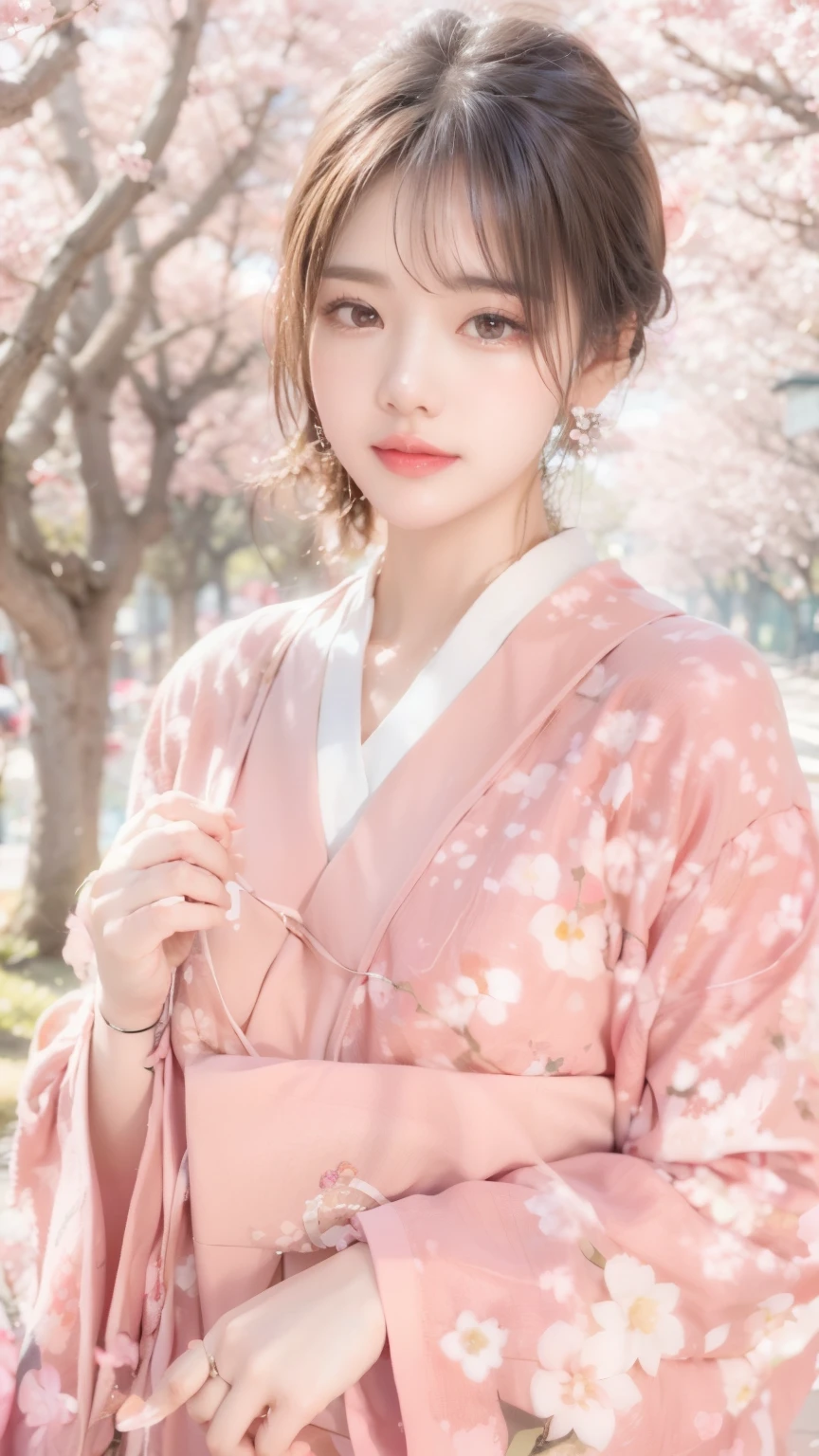 A path lined with flourishing cherry blossom trees、Background with、cherry trees、full bloom、Street Trees、stone pavement、a river、bru、Kanzashi、
