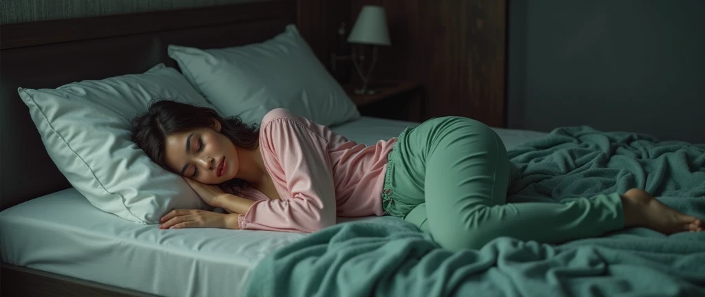 (realistic:1.2) Sleeping girl, 22 years old, (detailed:1.1) beautiful brown hair, (clearly defined nipple,green eyes), wearing pink pajama and (detailed) long pants. The girl is peacefully sleeping on a (comfy) bed, surrounded by soft blankets and fluffy pillows. The room is softly lit, casting a warm glow on the girl's face. The walls are painted in a soothing pastel color, creating a serene atmosphere. The sunlight gently filters through the sheer curtains, adding a touch of natural light to the scene. The girl's room is decorated with simple, yet elegant furniture, giving it a cozy and organized feel.