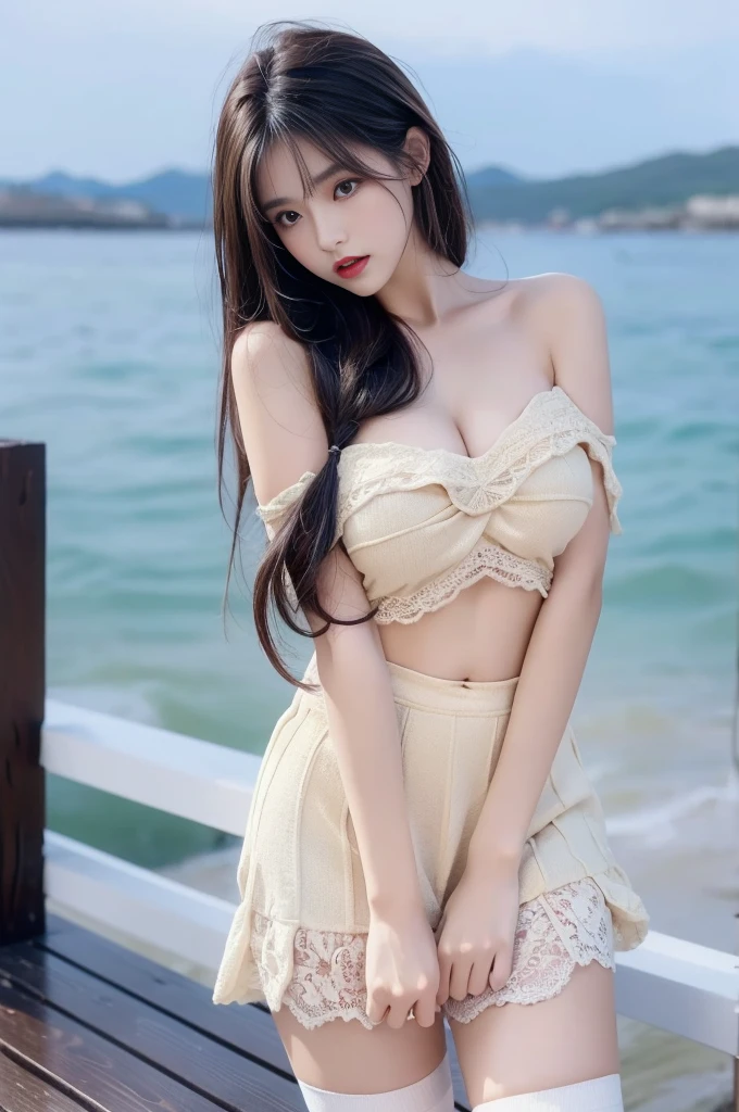 ((Genuineライティング、highest quality、8k、masterpiece:1.3))、8k、Clear focus:1.2、Obviously big blue eyes、(nsfw:1.5)、((Genuine)) 、((Genuine light、highest quality) )、Model Body Type:1.4、(Dark brown hair、outside:1.8)、Long Hair、((Off the shoulder))、(((Roll up your skirt)))、)((Under the skirt))((Black lace panties are visible))Resort、At Nangoku Hotel、(24-years-old:1.3)、Highly detailed face、Fine Eyes、double eyelid、necklace、Put your hair over one eye、High heels、eyeliner、Please comb your hair、Blue sea view、liberation、Model pose、nsfw:1.3