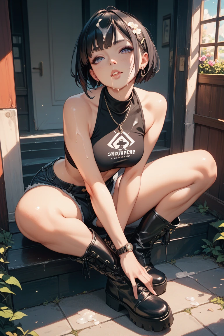 
1girl ,lois lane, tan ,short hair ,brown eyes, black hair, ,earrings, glossy lips ,team rocket uniform, red letter R, white skirt,white crop top,black thigh-high boots, black elbow gloves, evil smile, sitting down ,legs crossed, night sky background