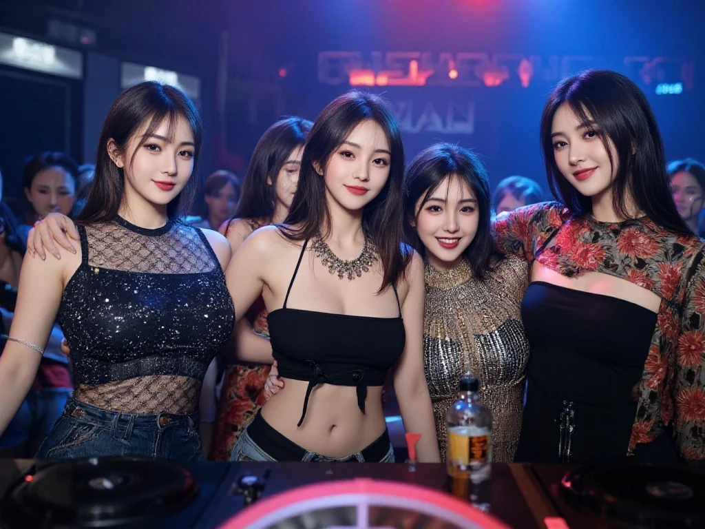 (Masterpiece: 1.3), (Maximum Resolution: 1.4), Cinema Light, RAW quality, (Detailed Eyes and Skin), (Detailed Facial Features), HDR, 16k Resolution, night club, at night, Beautiful Perfectly Figured (3 young Women), (full body shot), (K-pop Idol), (Round Eyes, Double Eyelids, Natural Makeup), ( Beautiful layered, Dark brown hair, early twenties), college night out, dancing in the club, shy smile, excited: 1.5, (sexy tight dreses1.1), skimpy, huge breasts, cleavage:1.3,