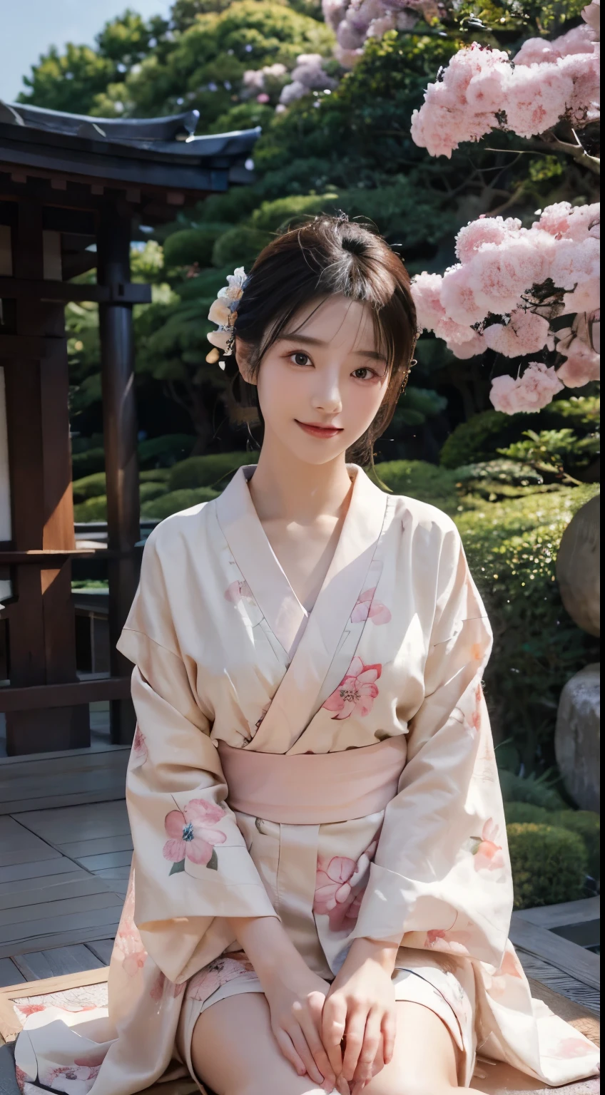(Photorealsitic:1.4), (Top image quality:1.0), (超A high resolution:1.0), 8K, Raw photography, (masterpiece:0.2), (pureerosface_v1:0.5)、(Best Quality Detail:1.2)、realisitic、8K UHD、hight resolution、(1girl in:1.2)、The ultra-detailliert、High quality textures、intricate detailes、detaileds、Very detailed CG、High quality shadows、Detail Beautiful delicate face、Detail Beautiful delicate eyes、depth of fields、Ray traching,1girl in, japanaese girl, Cute, slender, Black kimono, Kimono with Japanese pattern,Floral scrunchie, Beautiful skin, Facing the front,Sit down, Sit upright and say thank you,Align your hands elegantly,Smile faintly The Land of Japan,Japanese garden,Luxury Japanese-style room, skyporn, Magic Hour, (Realistic:1.3), Finely detailed, quality, (masutepiece:1.2), (Photorealistic:1.2), (Best Quality), (Intricate details), Dramatic, Ray tracing, photograph, +Lola